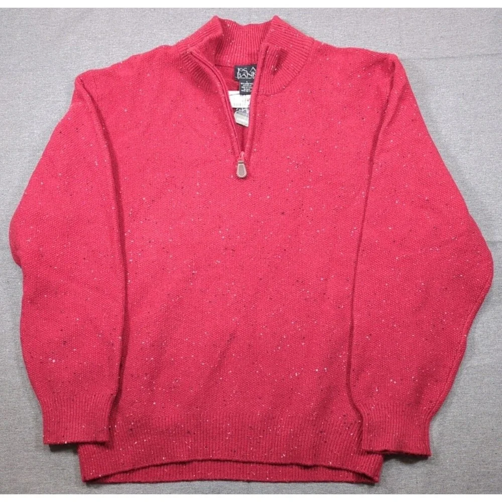 JoS A BANK Lambswool Speckled Red Sweater 1/4 Zip Pullover Mens Size L with Tags